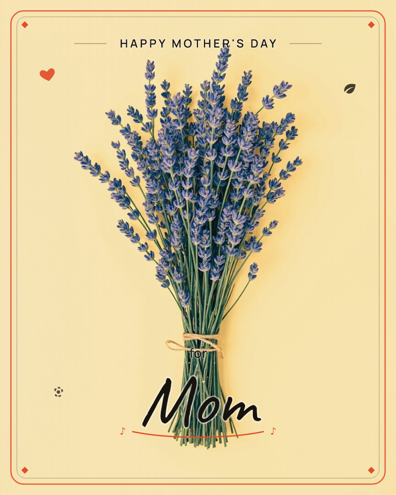 A tidy bundle of lavender stems, tied at the waist with a simple loop of twine, lies flat against a warm buttery-yellow background, a mothersday e-card design