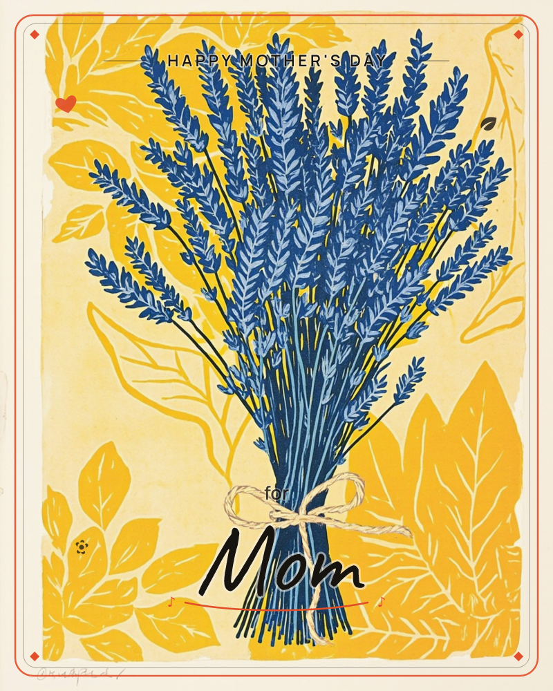 A bundle of deep blue lavender stems stands tied with a pale twine bow, printed in bold linocut style against a golden-yellow background layered with…, a mothersday e-card design