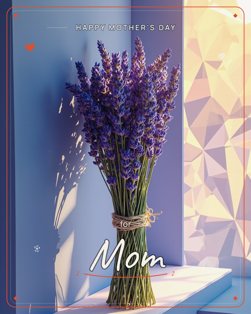 A tied bundle of lavender stands upright against a shadowy blue corner, its stems bound with twine and reflected on a glossy dark surface below, a mothersday e-card design