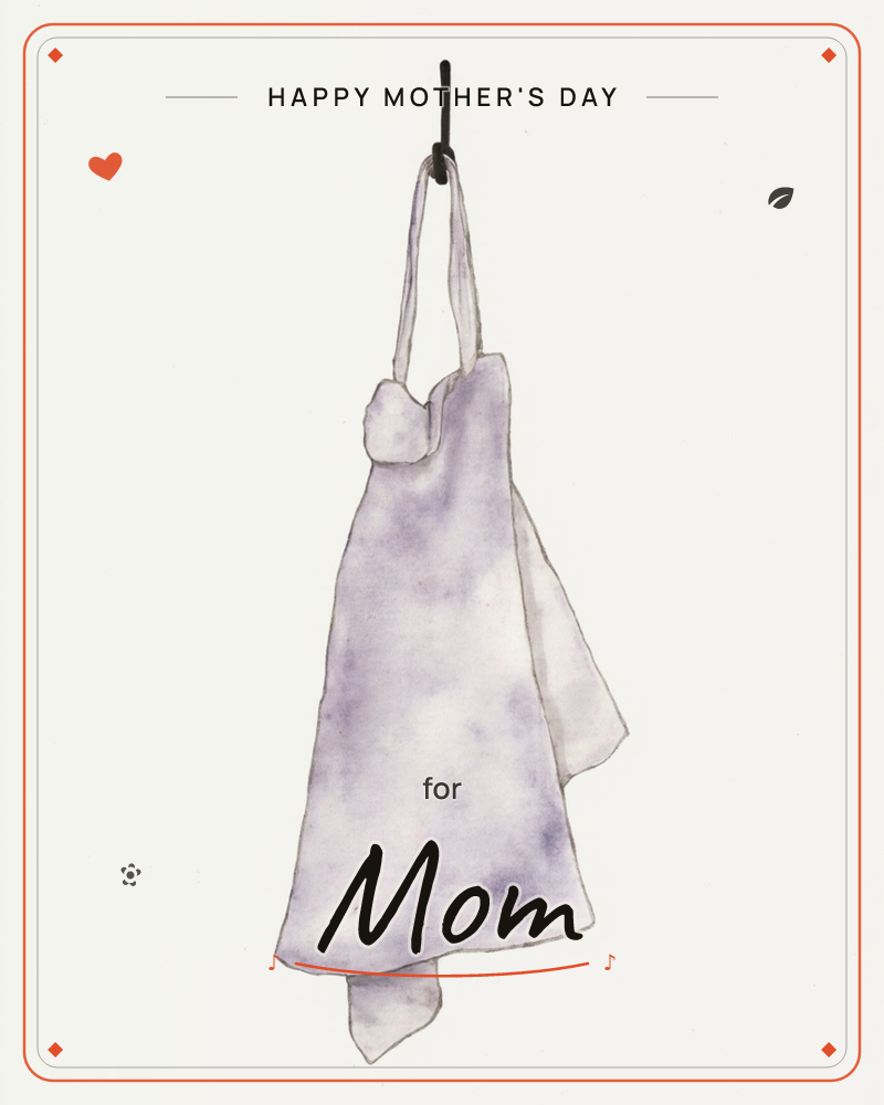 A single dress hangs from a small black hook against a glowing white spotlight that fades into dark, moody corners, a mothersday e-card design