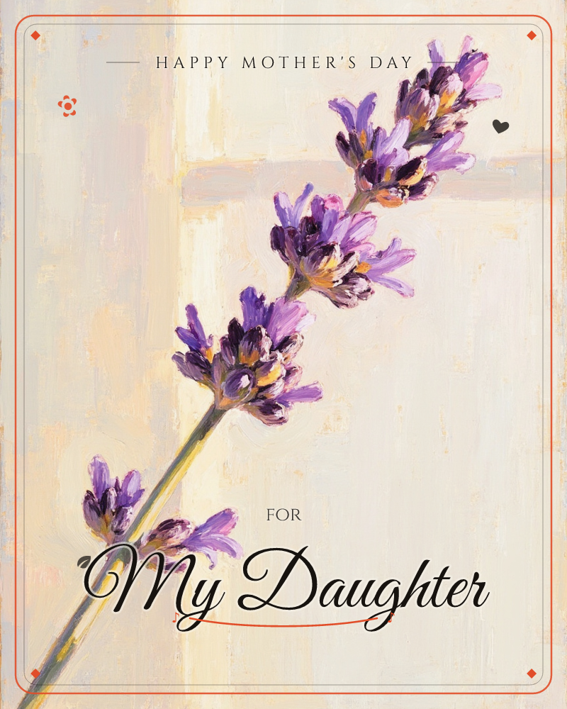 A single lavender sprig stretches diagonally across a soft, warm cream background, its purple flower spikes catching a gentle wash of light, a mothersday e-card design