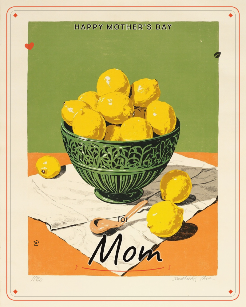A green pedestal bowl with a leafy carved pattern sits piled high with glossy lemons, three more scattered across a crumpled white cloth beside a small…, a mothersday e-card design
