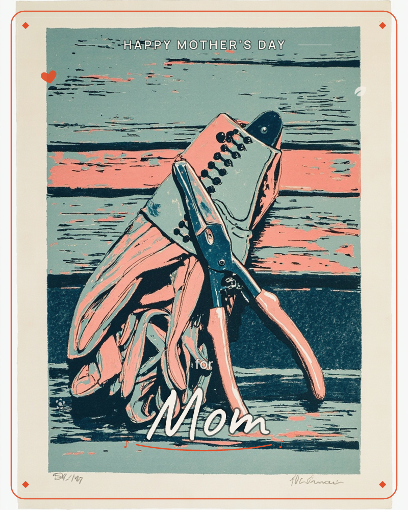 A woodcut-style print shows a pair of well-worn gardening gloves draped beneath a set of pruning shears, all resting against a weathered wooden plank…, a mothersday e-card design