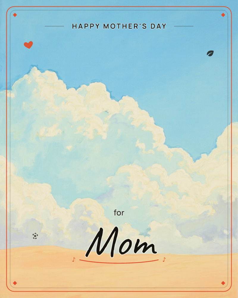 A wide bank of billowing cumulus clouds rises against a clear blue sky, painted in soft rounded strokes with warm cream highlights and pale lavender…, a mothersday e-card design