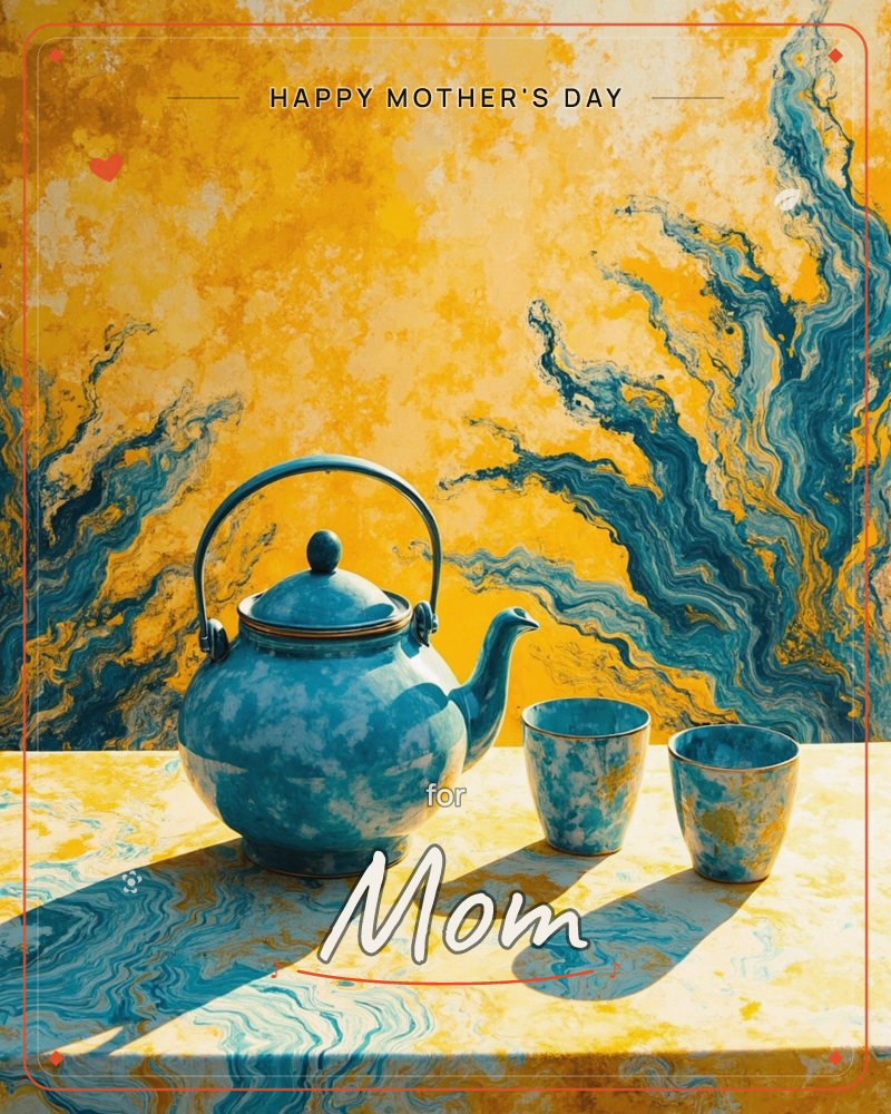 A marbled teal teapot and two matching cups sit on a table swirled with the same blue and gold ink patterns, set against a golden wall streaked with…, a mothersday e-card design