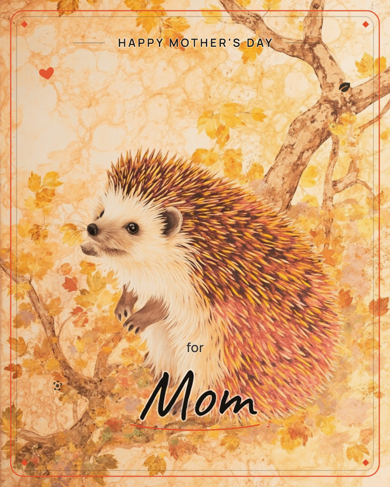 A hedgehog perches on a gnarled branch amid a haze of golden autumn leaves, its spiky coat rendered in warm amber, rust, and pink tones, a mothersday e-card design