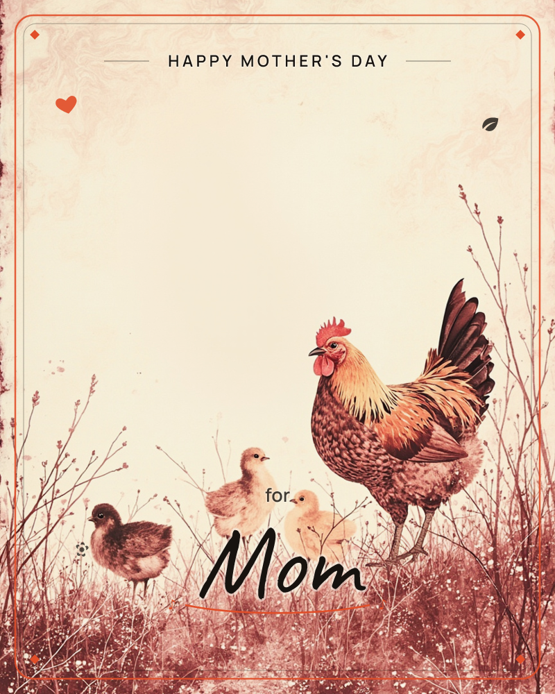 A mother hen stands watchful in tall meadow grass with three fluffy chicks trailing behind her, rendered in a soft vintage wash of rust and cream, a mothersday e-card design