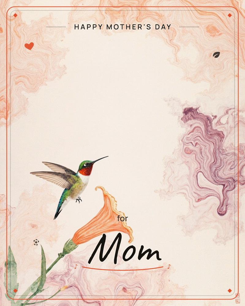 A hummingbird with an emerald back and ruby throat hovers beside a trumpet-shaped orange flower, wings caught mid-blur, a mothersday e-card design
