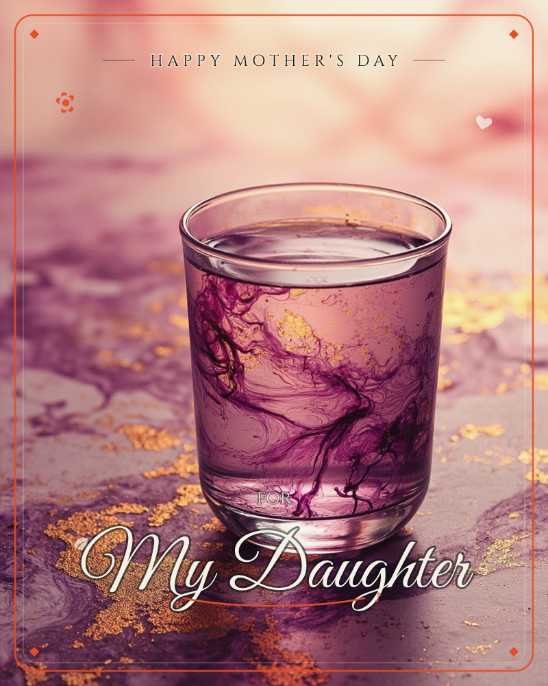 A clear glass of water sits on a stone surface, filled with swirling tendrils of purple dye that drift through the liquid like ink in motion, a mothersday e-card design