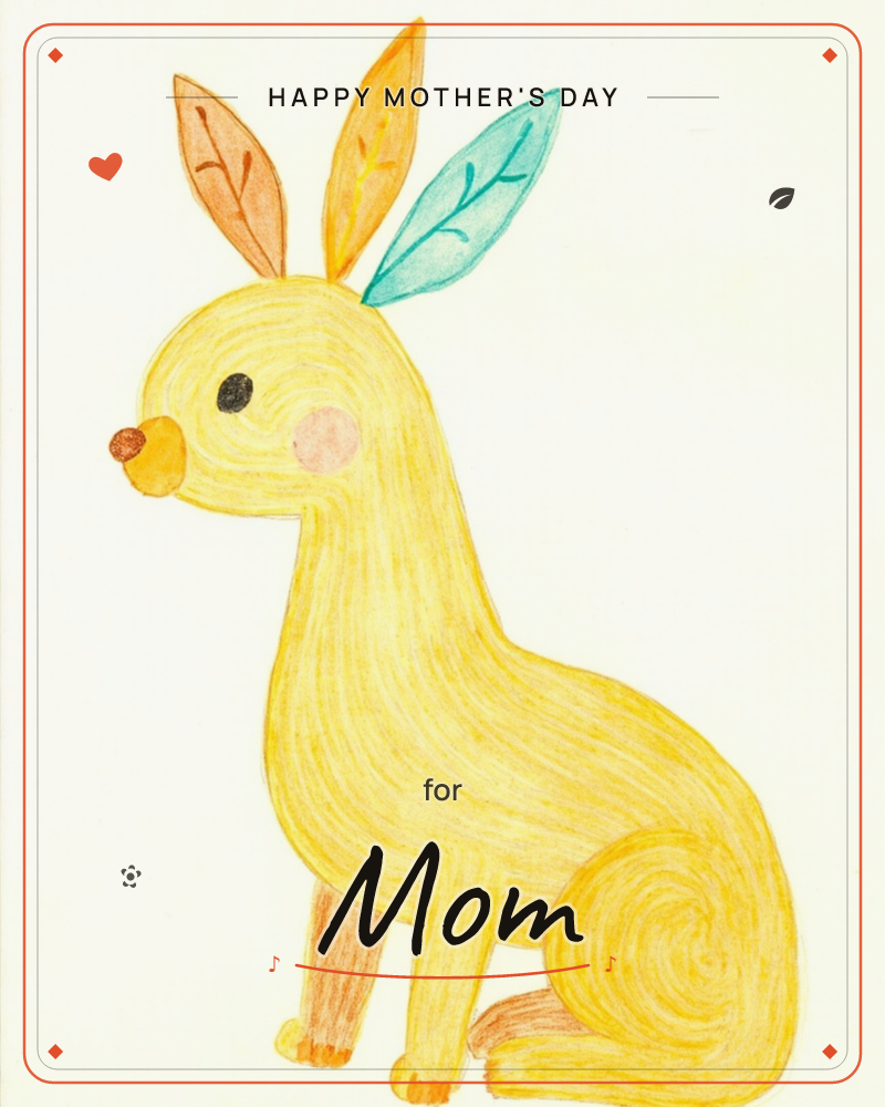 A whimsical yellow creature with a long curved neck and a spiral-swirled tail sits against a plain cream background, its ears rendered as three…, a mothersday e-card design