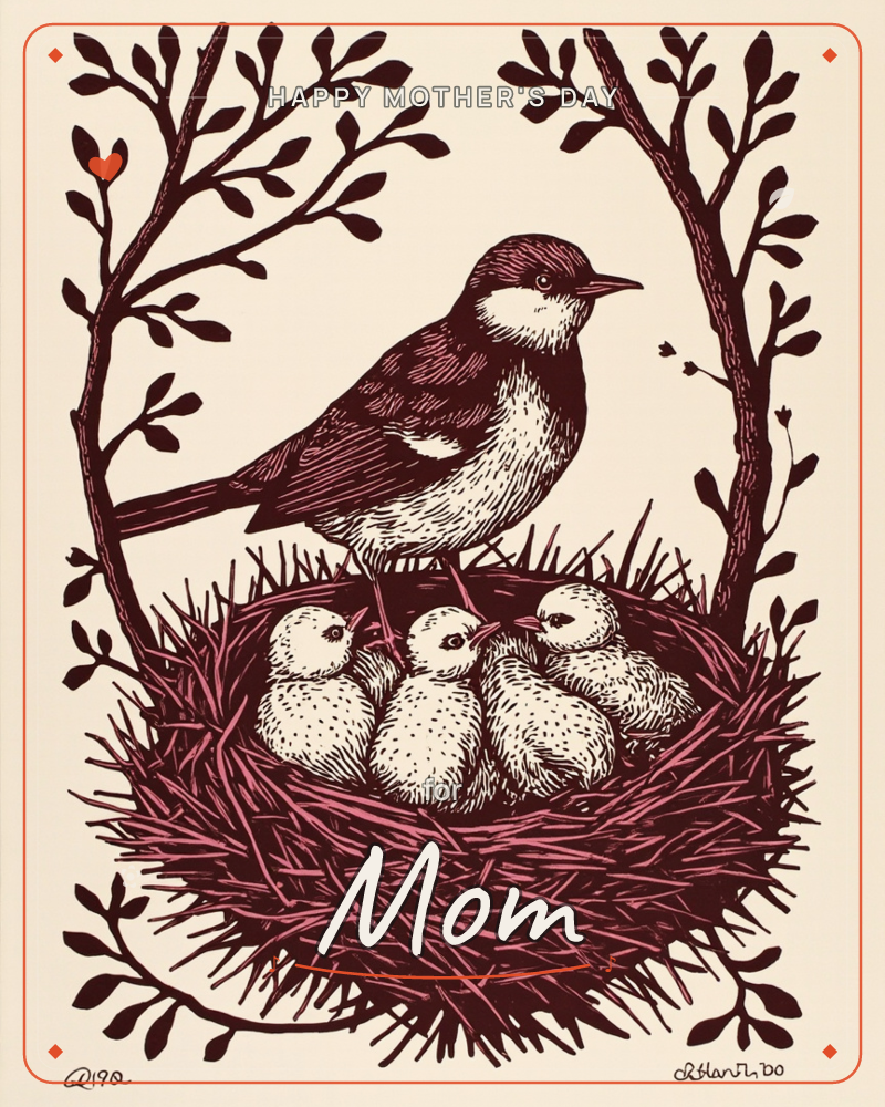 A mother bird stands guard over four fledglings nestled together in a woven twig nest, flanked by two bare branches sprouting simple leaves, a mothersday e-card design