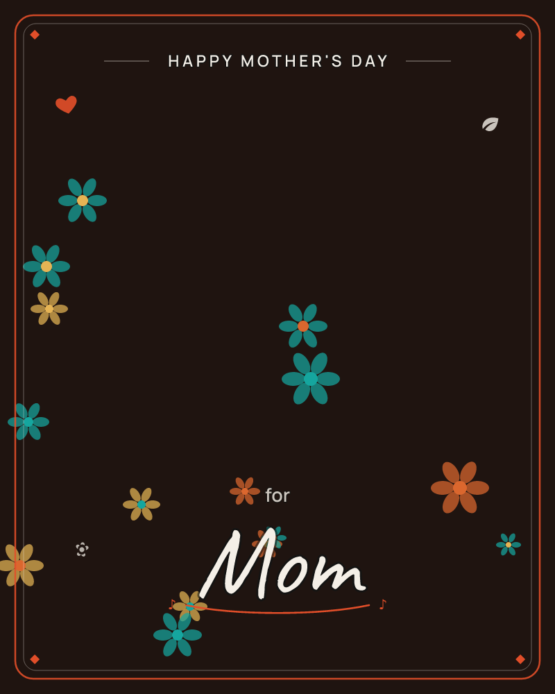 Small six-petaled flowers in teal, mustard, and burnt orange float scattered across a deep, near-black chocolate-brown background, a mothersday e-card design by @DittyCityTeam