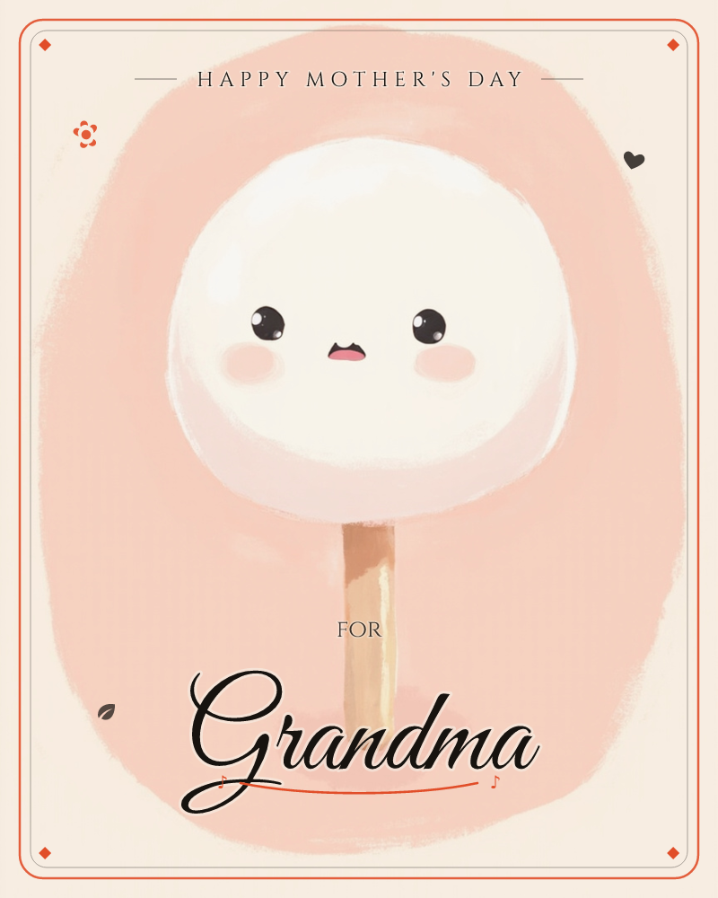 A round, cream-white lollipop with a shy, blushing face sits on a wooden stick, centered against a soft blush-pink oval on a pale peach background, a mothersday e-card design