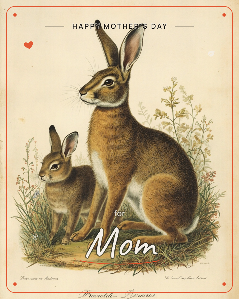 A vintage naturalist print shows a large hare sitting upright beside a smaller one, both alert with tall pricked ears, set against a plain cream…, a mothersday e-card design