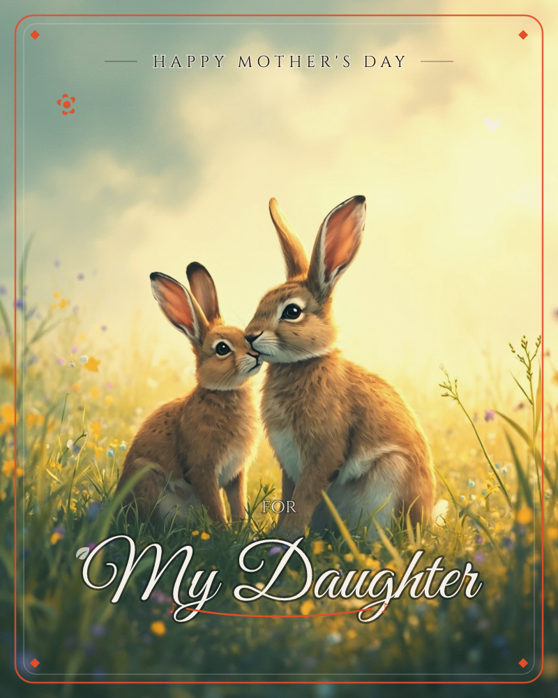 Two rabbits sit nose to nose in a meadow scattered with wildflowers, their fur glowing warm gold in soft morning light, a mothersday e-card design