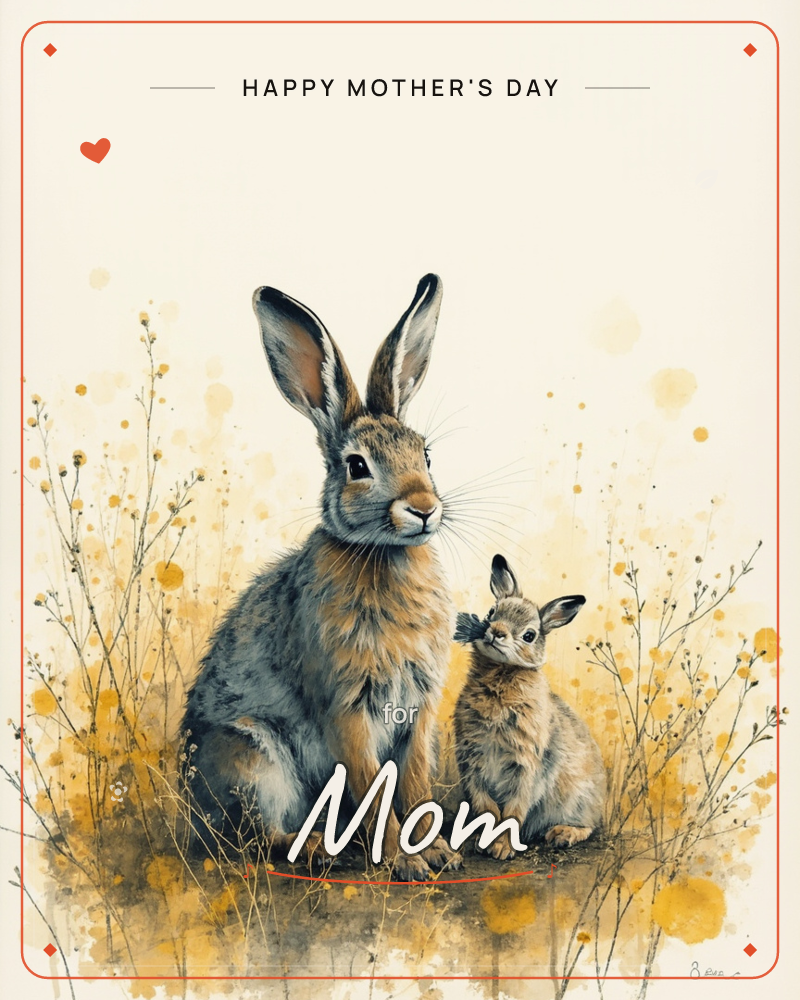 A tall hare sits upright beside a smaller, younger hare among sparse golden grasses and wildflower stems, a mothersday e-card design