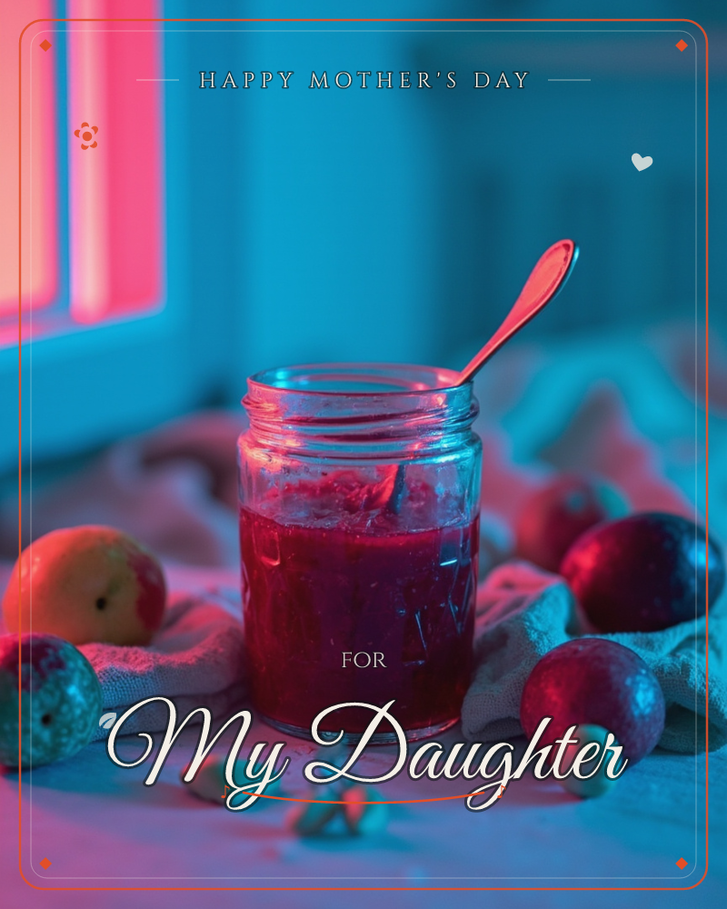 A glass jar of dark berry jam sits open on a rumpled cloth, a spoon propped inside it, surrounded by scattered plums and apples, a mothersday e-card design