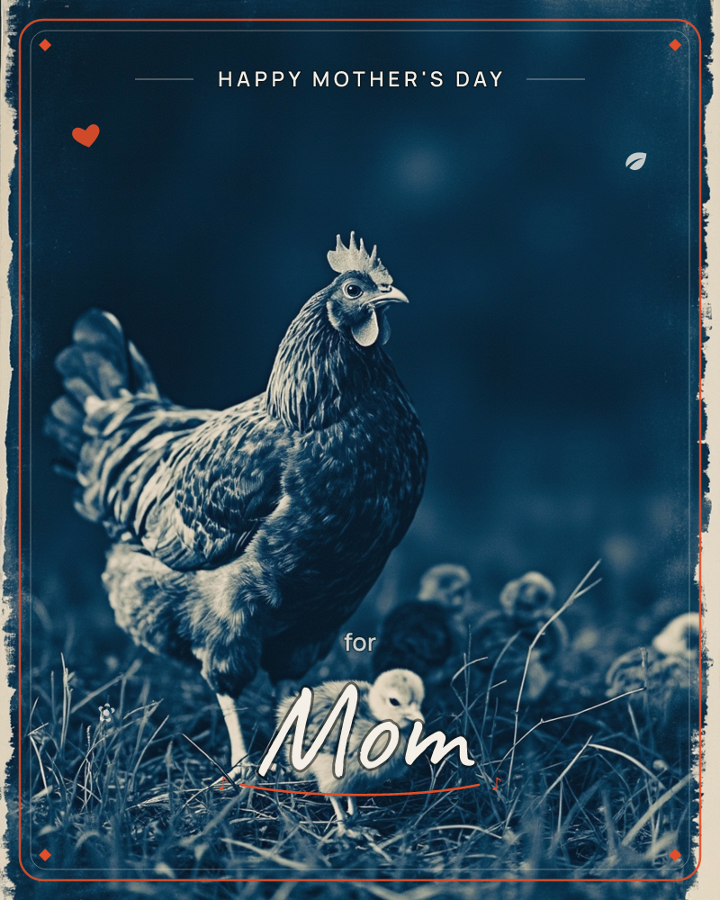 A hen stands watchful in tall grass with a fluffy chick at her feet and more chicks gathered blurred in the background, a mothersday e-card design