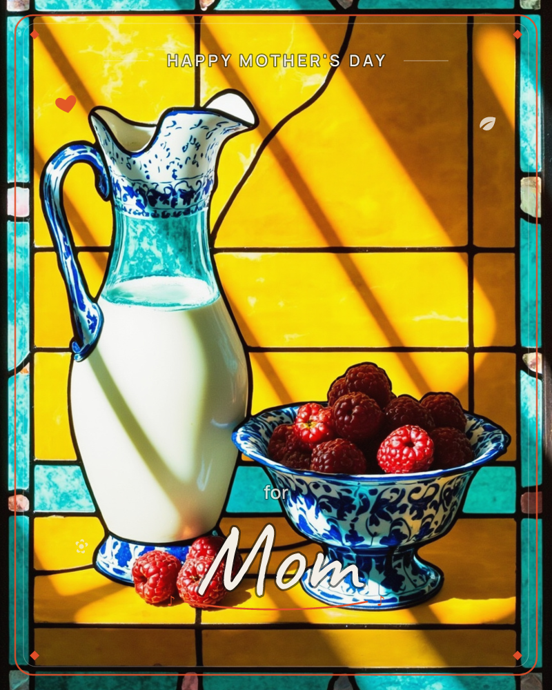 A stained-glass style window frames a blue-and-white porcelain pitcher of milk beside a matching bowl piled with raspberries, all set against panes of…, a mothersday e-card design
