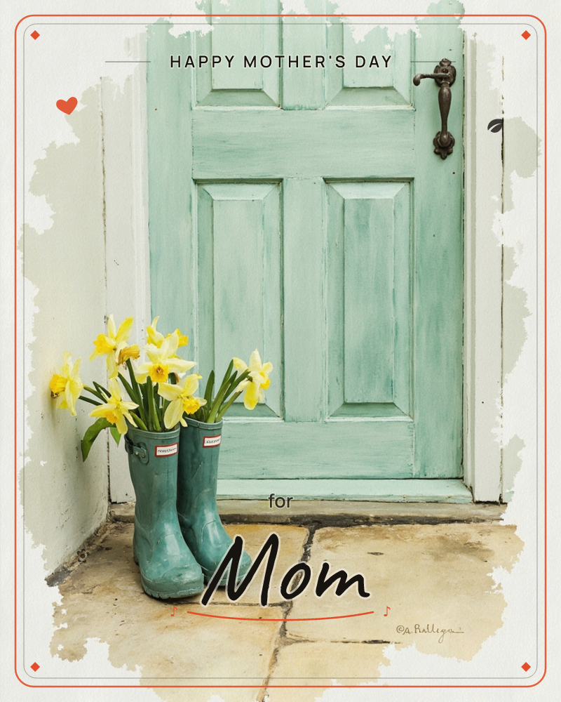 A weathered mint-green front door stands closed, its stone step lined with a pair of green wellington boots repurposed as vases, overflowing with…, a mothersday e-card design