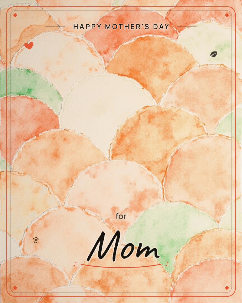 A repeating scallop pattern fills the page like overlapping fish scales or rooftop tiles, each arc washed in soft watercolour bleeds of peach, apricot…, a mothersday e-card design