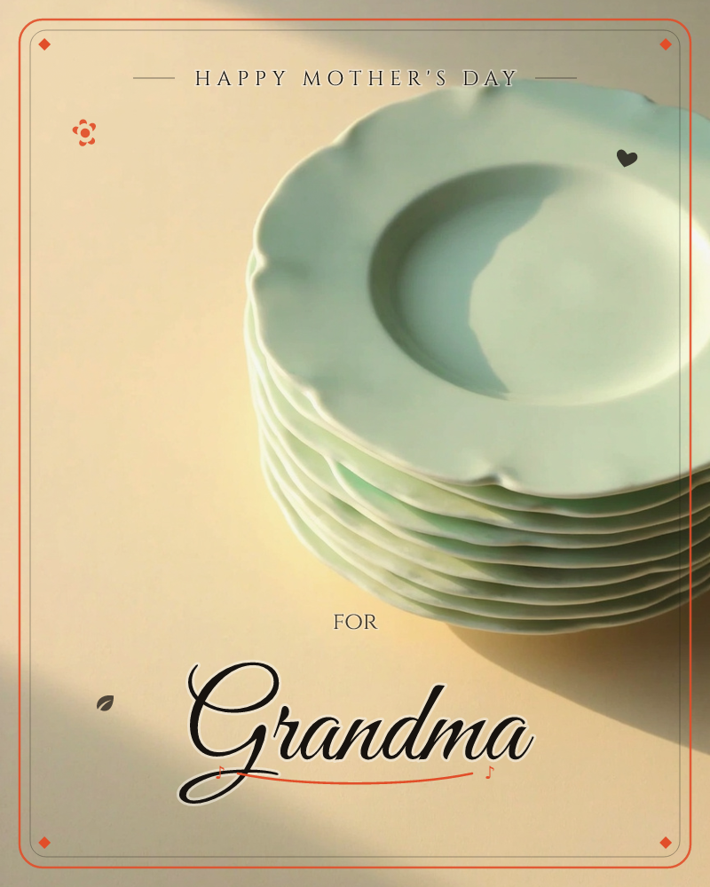A stack of pale mint-green scalloped-edge plates sits at the right of the frame, catching a warm diagonal beam of light against a soft cream wall, a mothersday e-card design