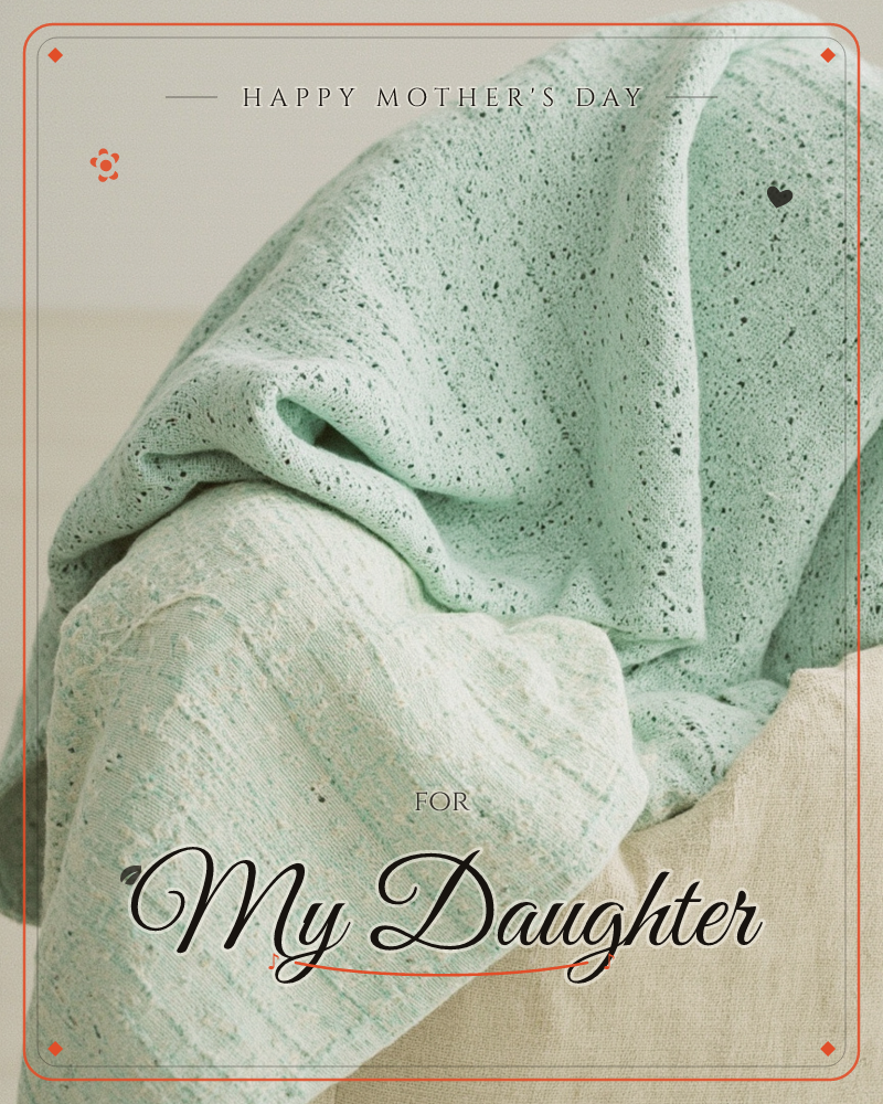 A soft speckled mint-green throw is draped loosely over the arm of a pale cream chair, its knit texture catching gentle light, a mothersday e-card design