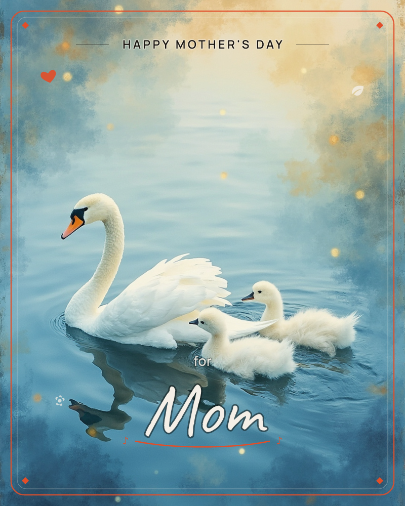 A white swan glides across still blue water with two fluffy cygnets close behind, their reflections rippling beneath them, a mothersday e-card design