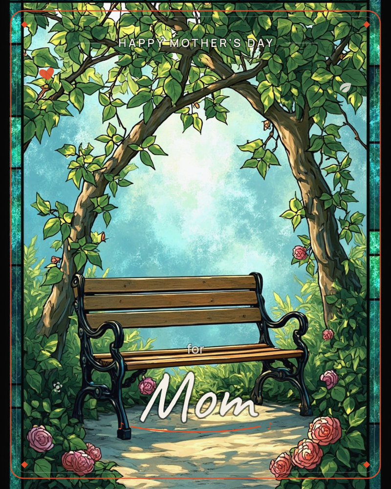 A wooden park bench with black iron armrests sits beneath an arched trellis of intertwined trees, their branches meeting overhead like a leafy doorway, a mothersday e-card design