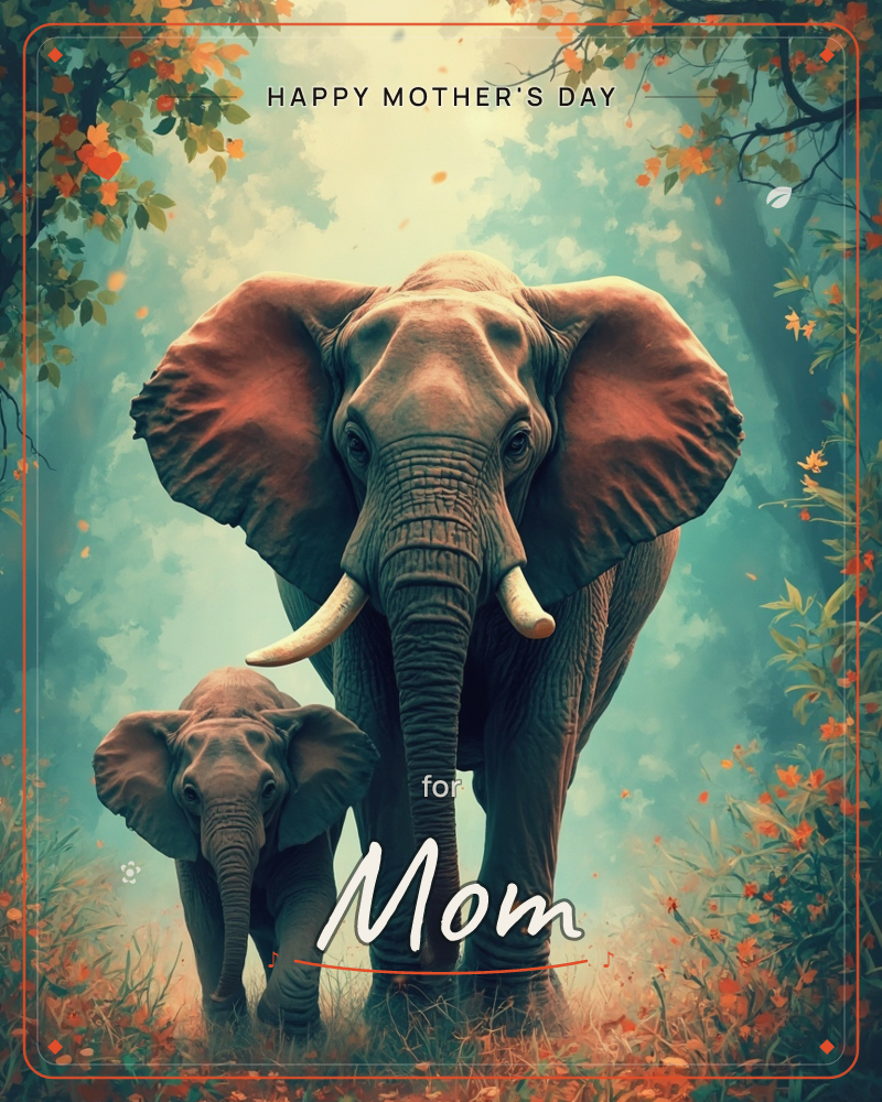 A large elephant walks straight toward the viewer through a misty forest, tusks and ears rimmed with warm rust light, while a smaller elephant follows…, a mothersday e-card design