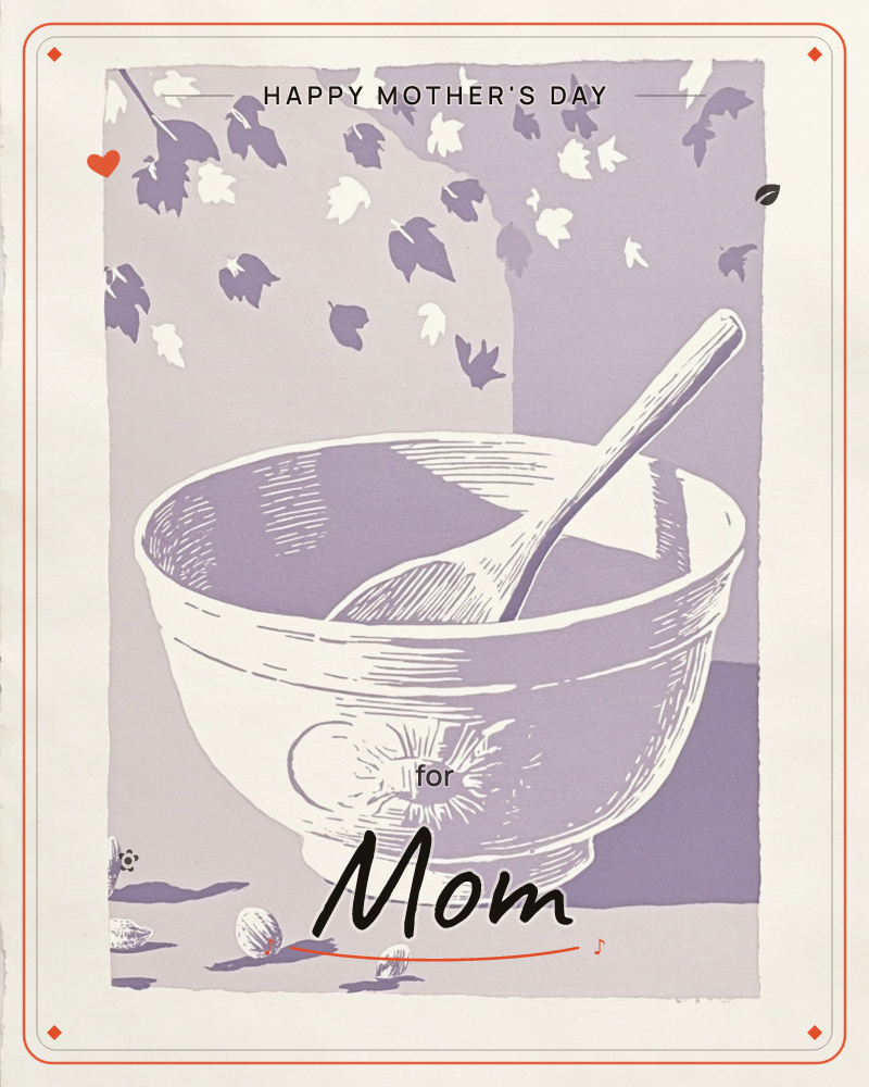 A monochrome lilac print shows a large mixing bowl with a wooden spoon resting inside it, set on a table scattered with fallen acorns, a mothersday e-card design