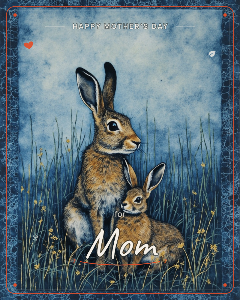 An adult hare sits tall and alert beside a smaller hare nestled close to its side, both facing into a moonlit field of tall grass and tiny yellow…, a mothersday e-card design