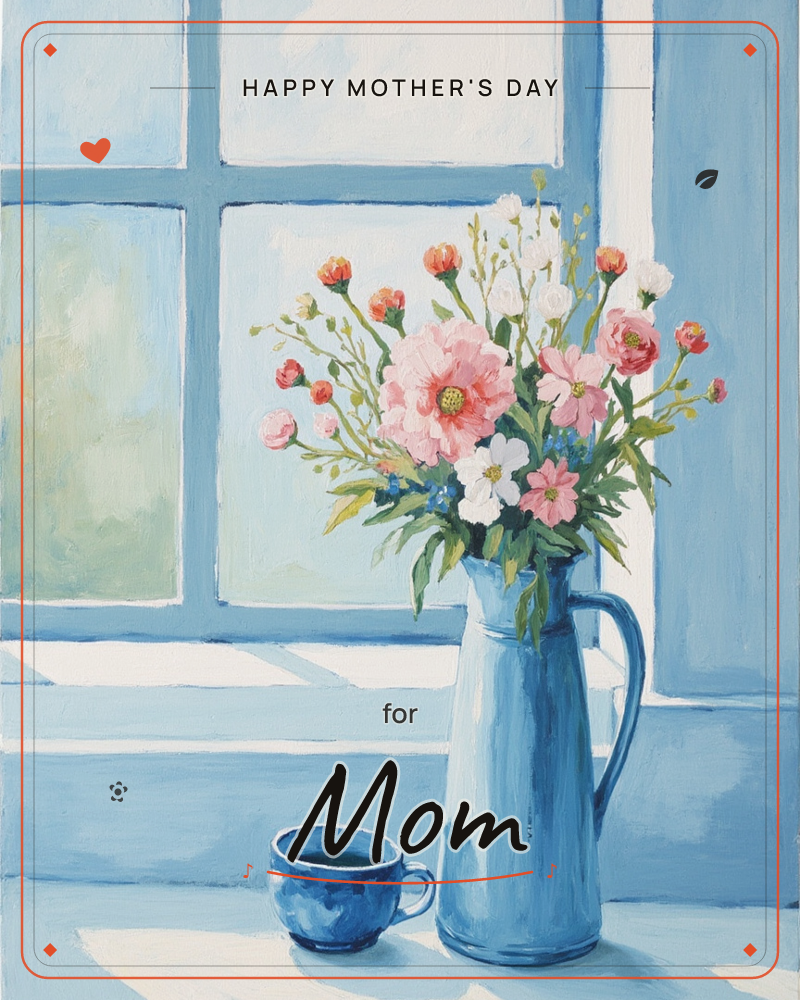 A blue ceramic pitcher filled with pink, white, and coral flowers sits on a windowsill beside a small teacup, sunlight streaming through the paned…, a mothersday e-card design