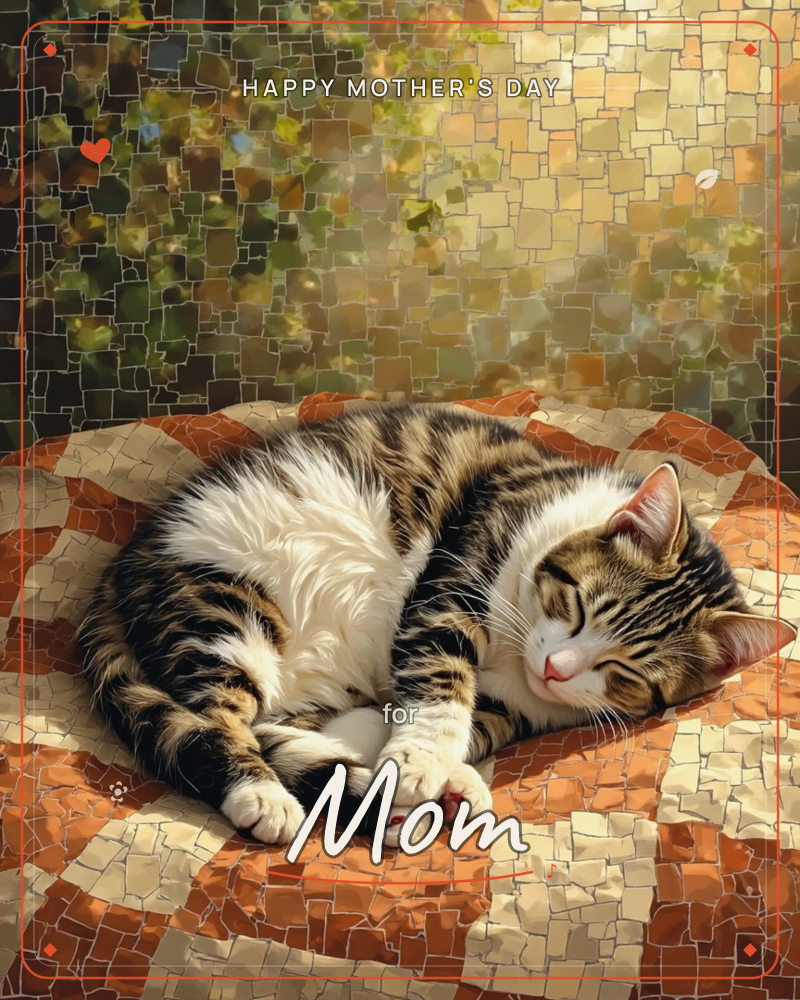 A tabby-and-white cat lies curled in a tight sleeping coil on a striped orange cushion, whiskers relaxed and eyes shut, rendered in a mosaic of tiny…, a mothersday e-card design