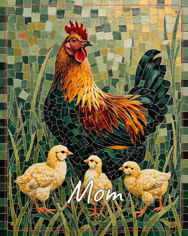 A mosaic-style illustration shows a proud hen with fiery orange and deep green feathers standing watch over three fluffy yellow chicks in tall grass, a mothersday e-card design