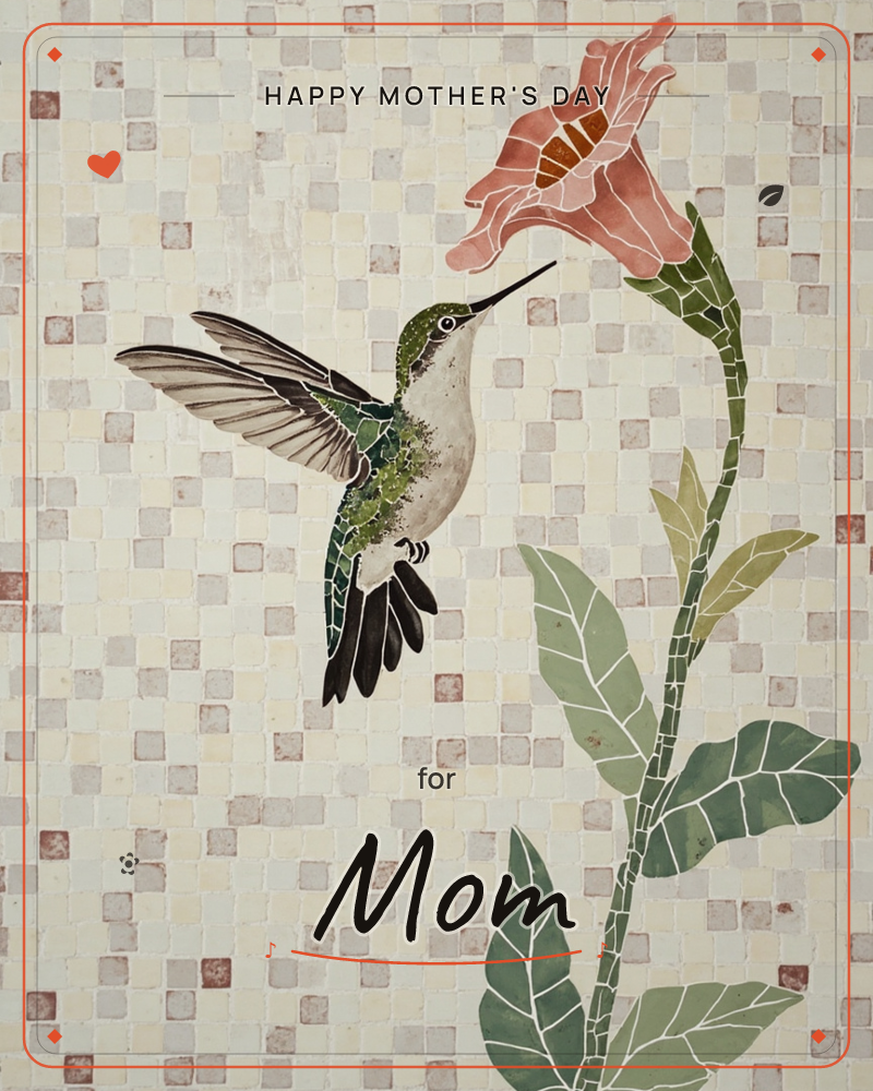 A mosaic-style hummingbird hovers beside a trumpet-shaped pink flower, its wings caught mid-blur against a backdrop of tiny checkered tiles in cream…, a mothersday e-card design