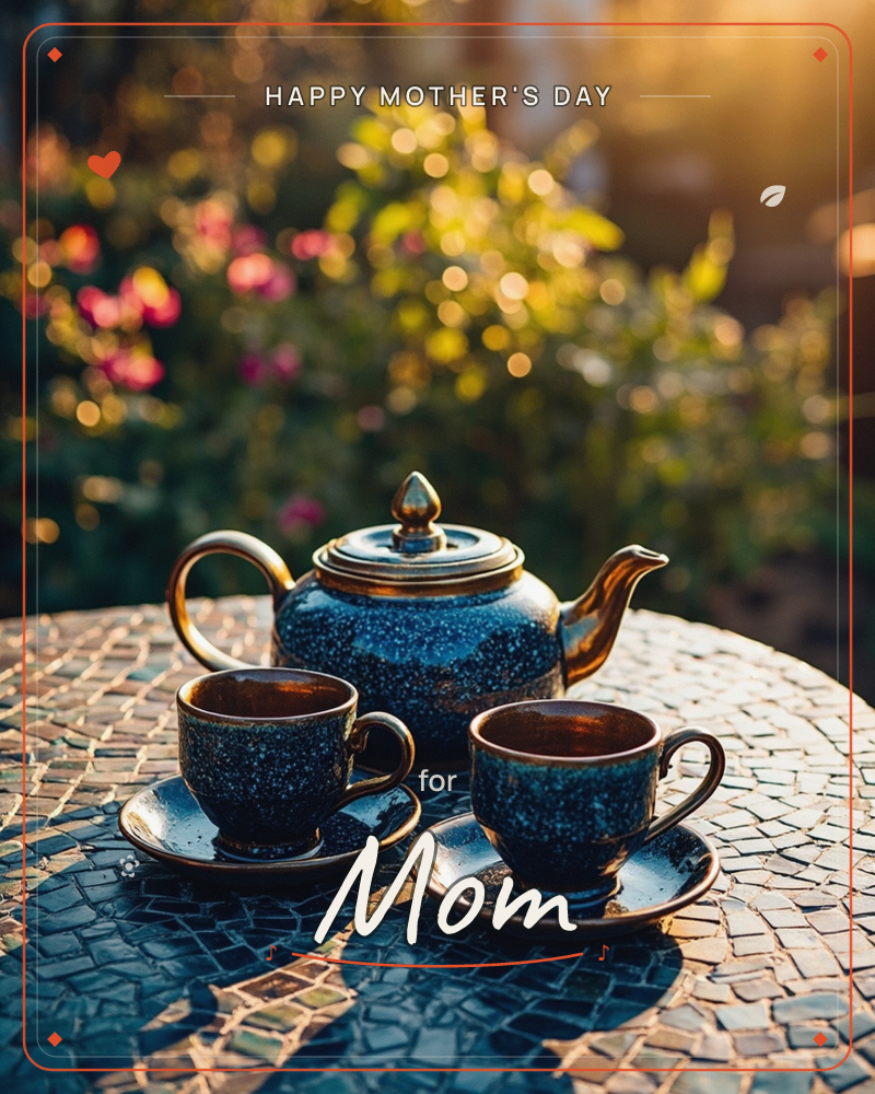 A speckled blue-and-gold teapot sits between two matching cups on a mosaic-tiled garden table, backlit by low golden sunlight filtering through roses…, a mothersday e-card design