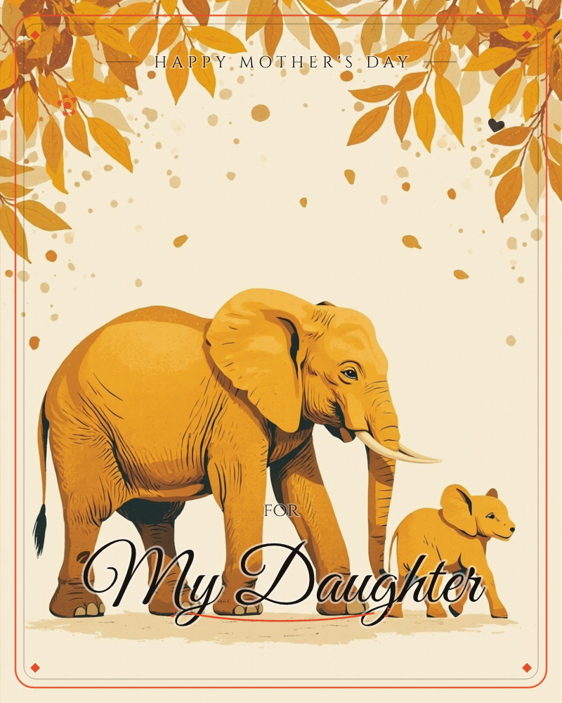 An adult elephant walks beside its calf beneath a canopy of golden autumn leaves, tiny falling dots scattered through the pale cream air, a mothersday e-card design