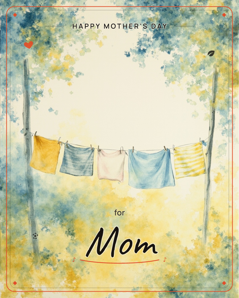 A washing line strung between two wooden poles holds five small cloths pegged out to dry, mustard, grey-blue, pale pink, denim blue, and a yellow…, a mothersday e-card design