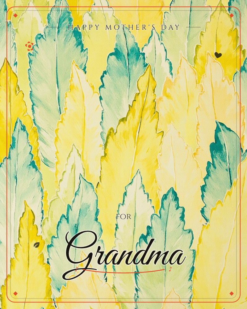 A dense cluster of pointed, serrated leaves fills the frame edge to edge, painted in overlapping shades of lemon yellow, seafoam green, and teal outlines, a mothersday e-card design
