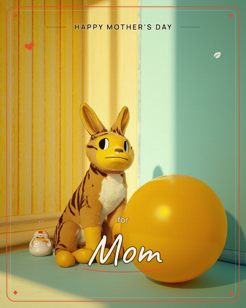 A striped stuffed rabbit toy with tiger-like tabby markings sits between a mint-green wall and a yellow striped wall, warm sunlight slanting across the…, a mothersday e-card design