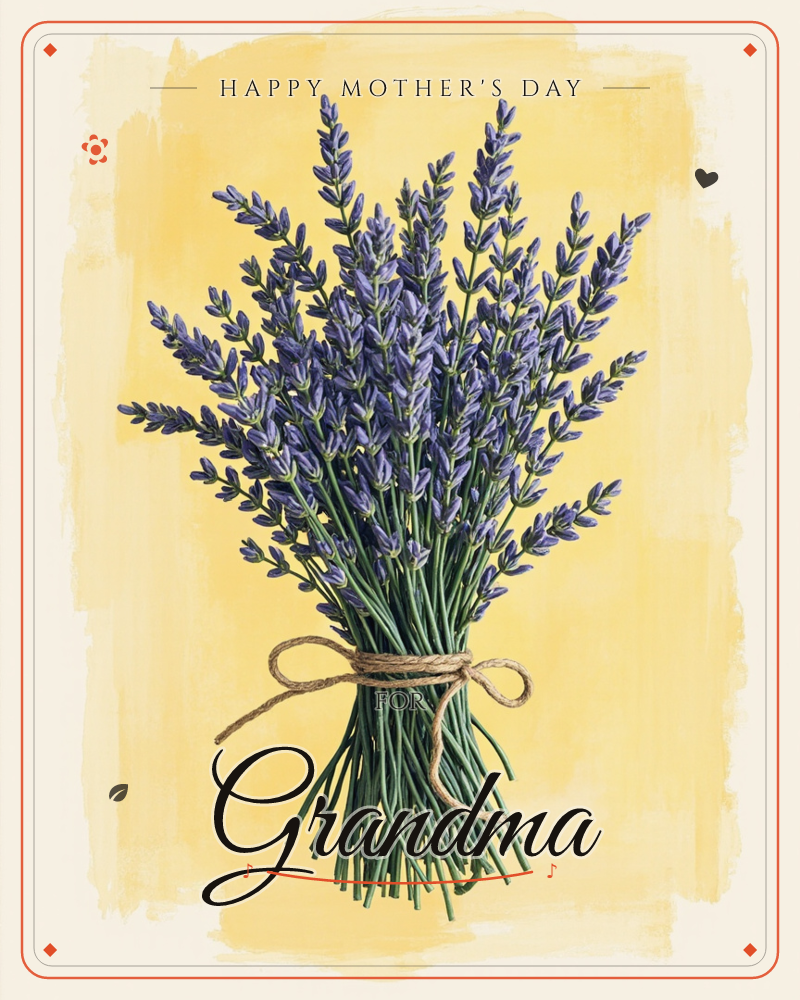 A hand-tied bundle of lavender stems stands upright against a warm mustard-yellow washed background, its long green stalks gathered with a rustic twine…, a mothersday e-card design