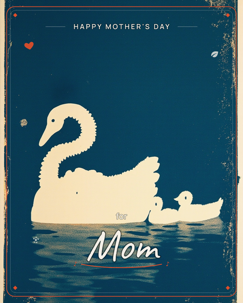 A cream-coloured silhouette of a swan glides across deep navy water, its two small cygnets trailing close behind, a mothersday e-card design