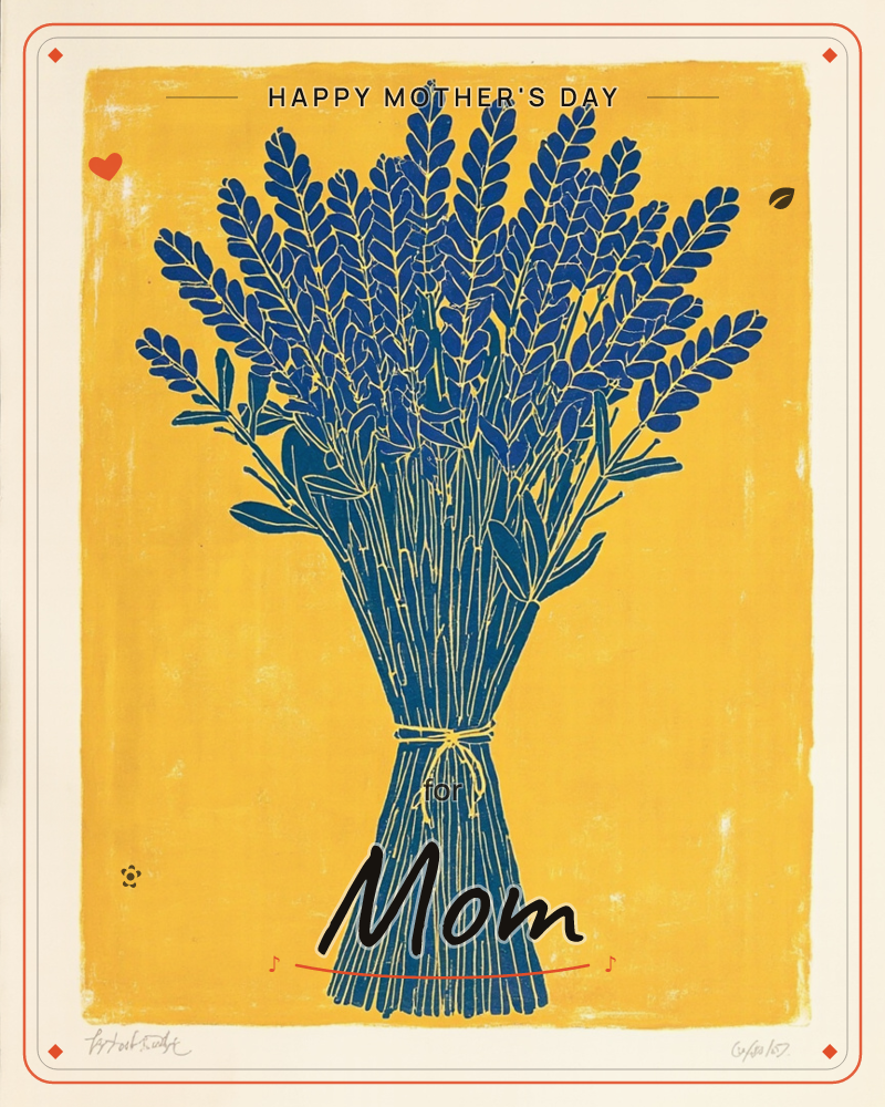 A bold linocut print shows a bundle of deep navy wheat-like sprigs tied with twine, standing tall against a warm mustard-yellow background, a mothersday e-card design