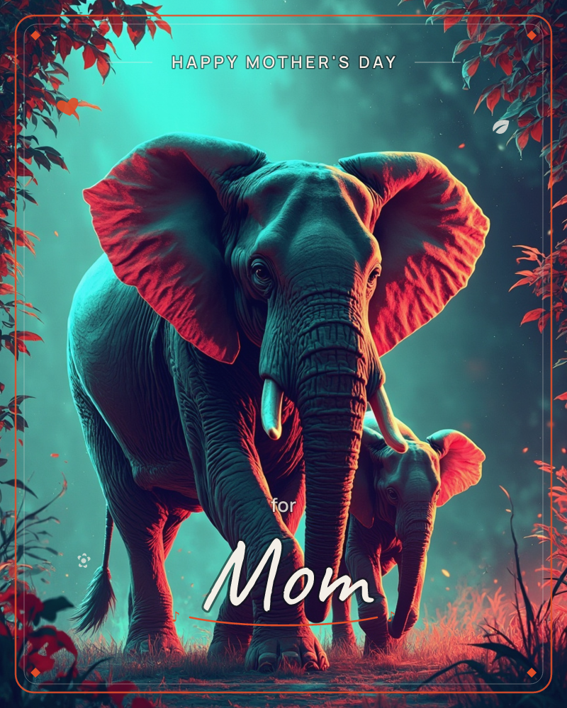 An adult elephant and its calf walk together through a glowing forest, their ears and the surrounding leaves rimmed in fiery red-orange light against a…, a mothersday e-card design