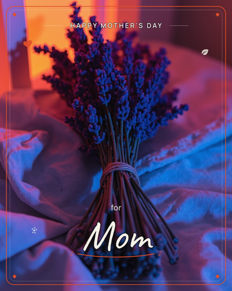 A tied bundle of dried lavender stems rests on rumpled fabric, lit by a warm orange glow on one side and cool blue shadow on the other, a mothersday e-card design