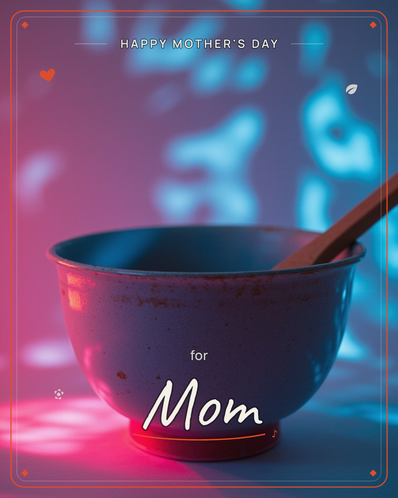 A weathered ceramic bowl with a wooden spoon rests on a plain surface, lit by pools of hot pink and electric blue light that scatter dappled shapes…, a mothersday e-card design
