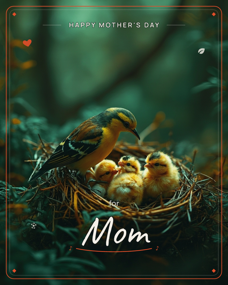 A yellow and black songbird perches on the edge of a twiggy nest, watching over three fluffy chicks huddled together inside, a mothersday e-card design