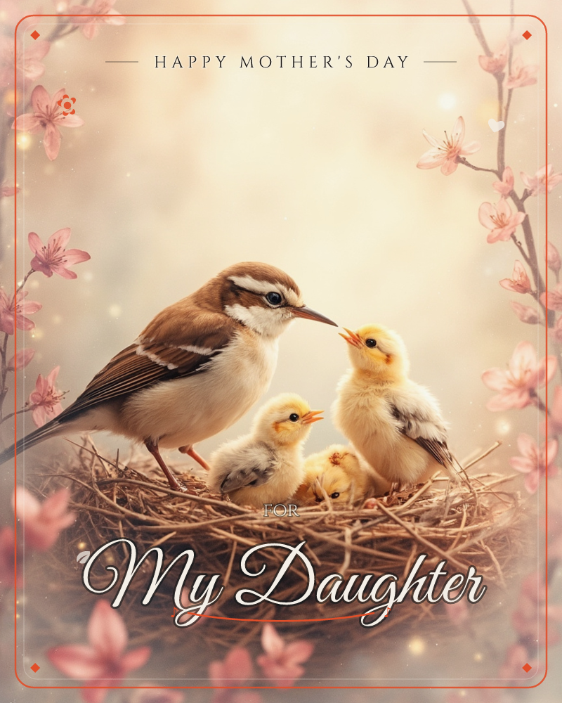 A mother bird perches at the edge of a twiggy nest, beak to beak with one of her three fluffy yellow chicks, framed by soft pink cherry blossom…, a mothersday e-card design
