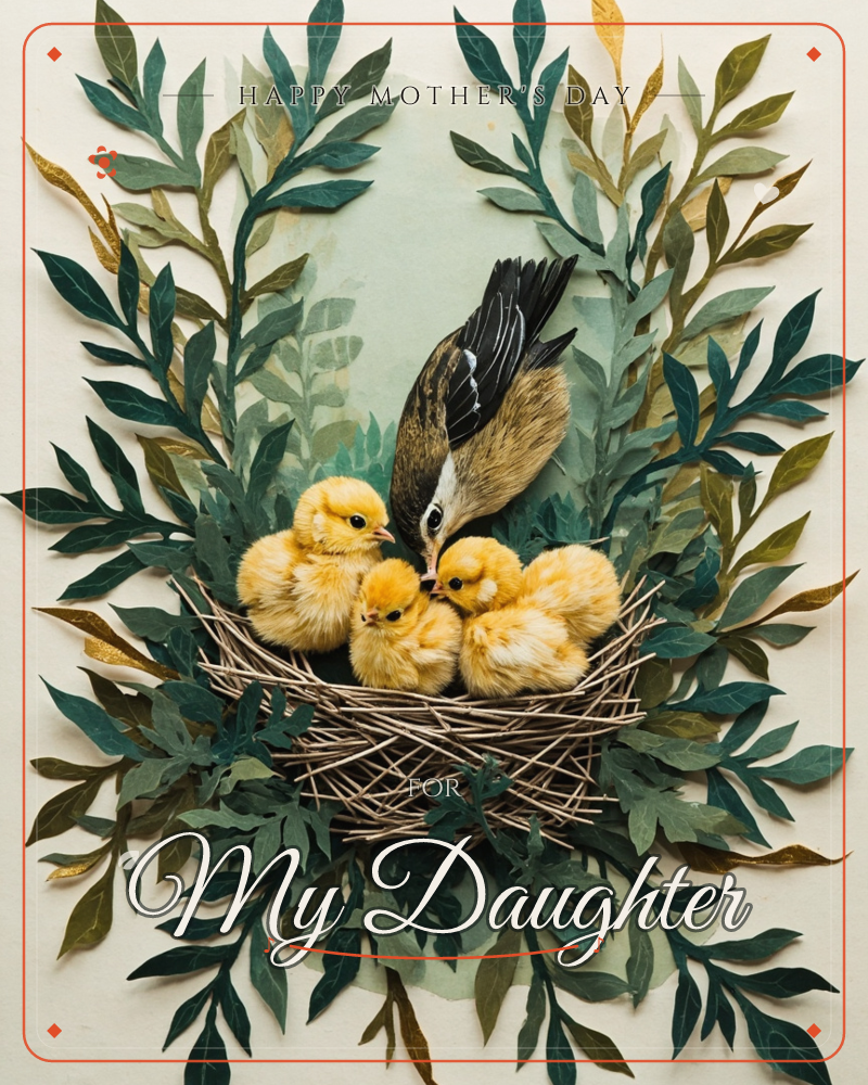 A mother bird leans down into a twiggy nest to feed four fluffy yellow chicks, their beaks tilted up toward her, a mothersday e-card design